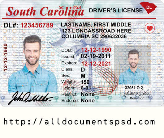 South Carolina Driver License Template PSD V1